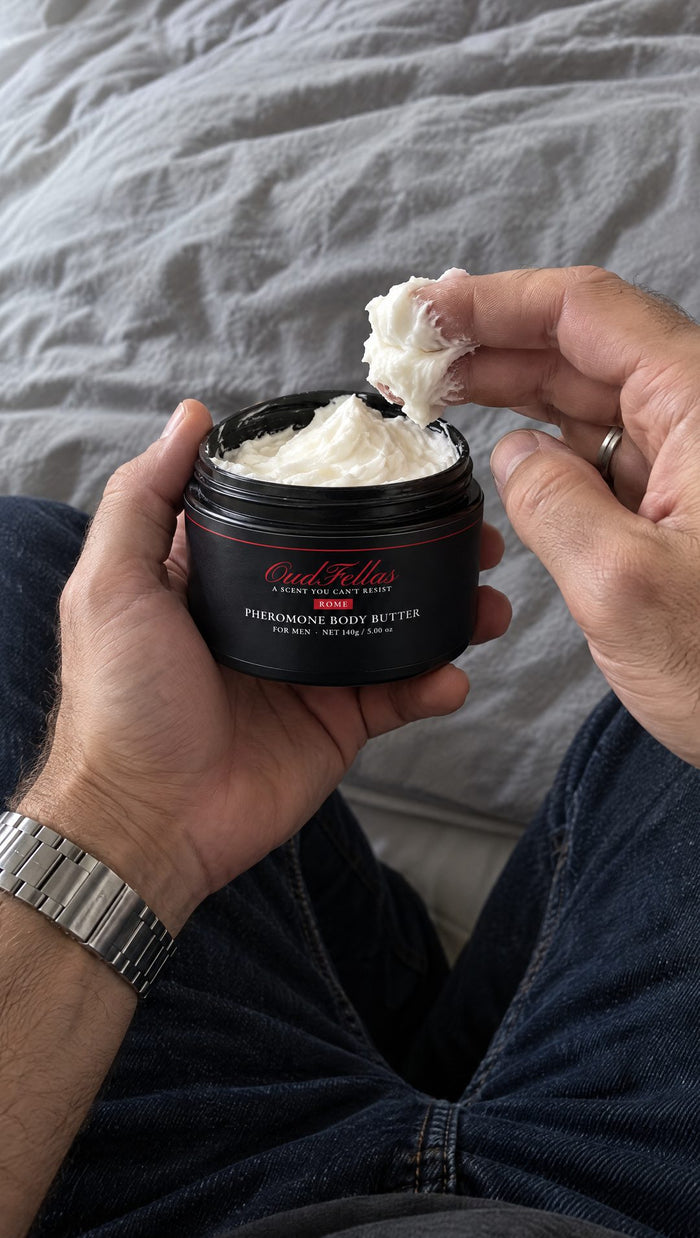 Customer photo: fingers scooping OudFellas Rome body butter