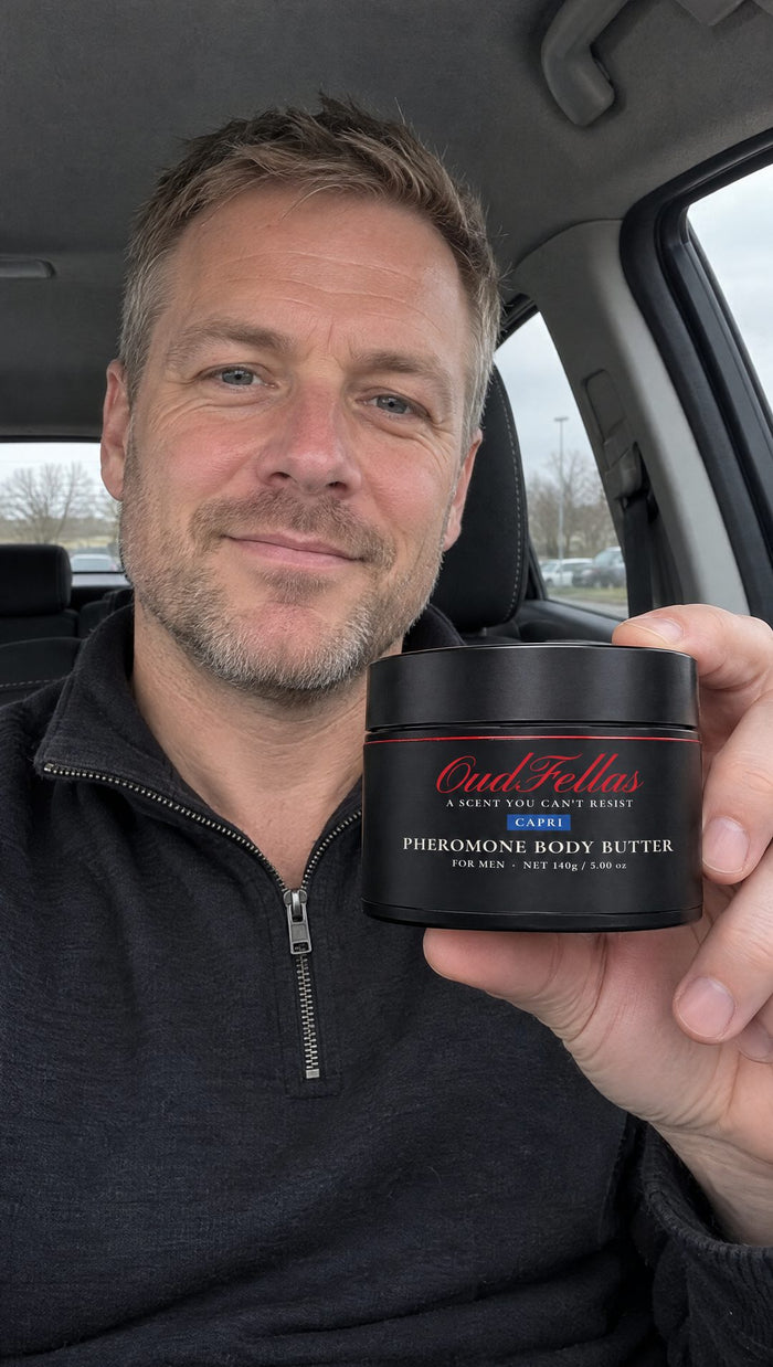 Customer photo: man holding OudFellas Capri in his car